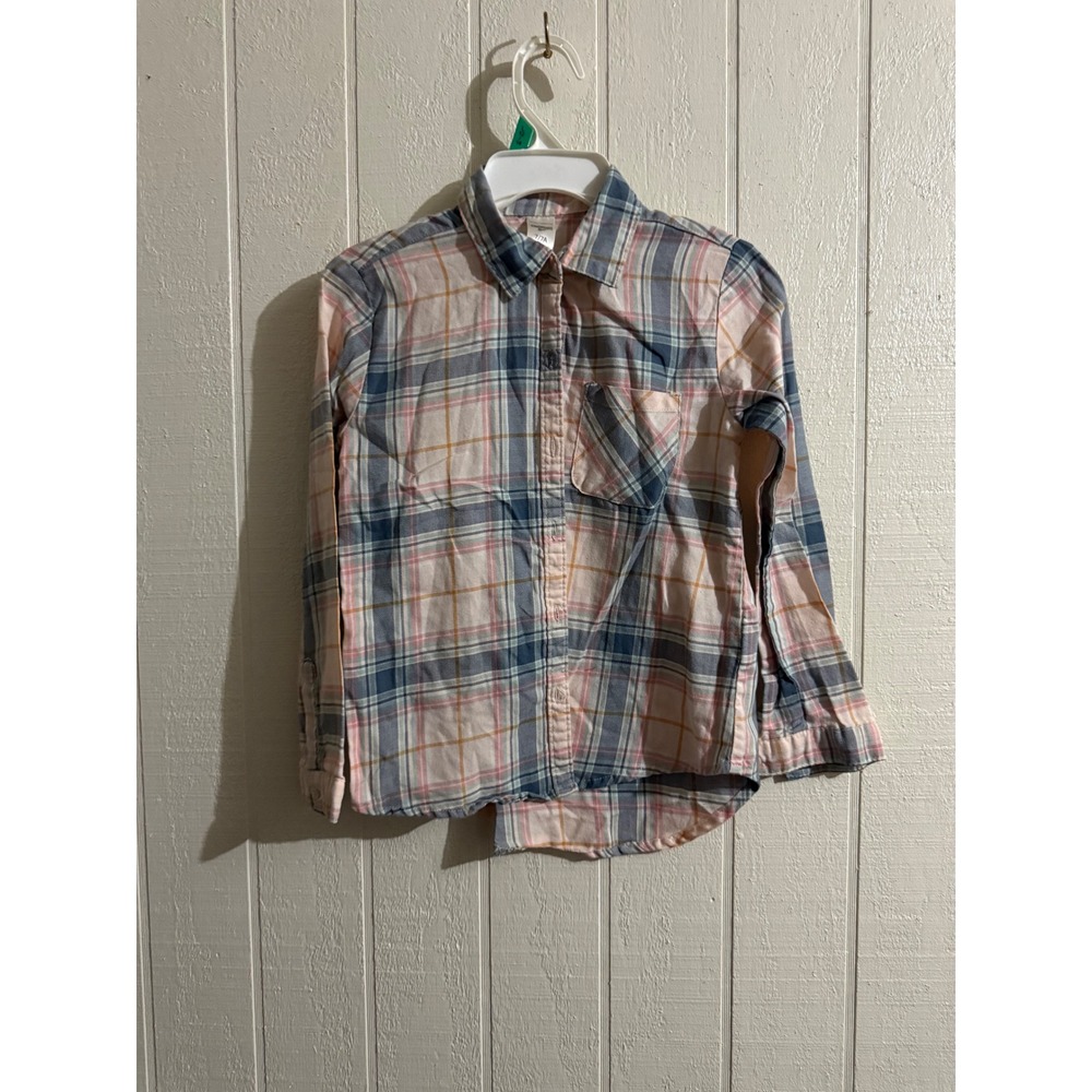 OshKosh Bgosh Girls Size 7 Plaid Button Down Long Sleeve Shirt Pink Blue White
